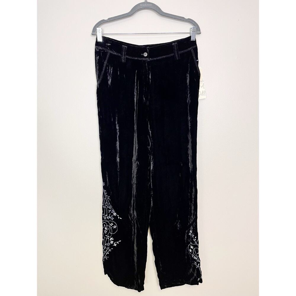 NWT J. Jill Black Velvet Solid Straight Leg Floral Embroidered Artsy Size 10